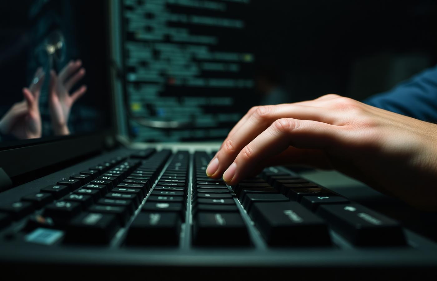 Close view of hands typing on a keyboard with code on screen