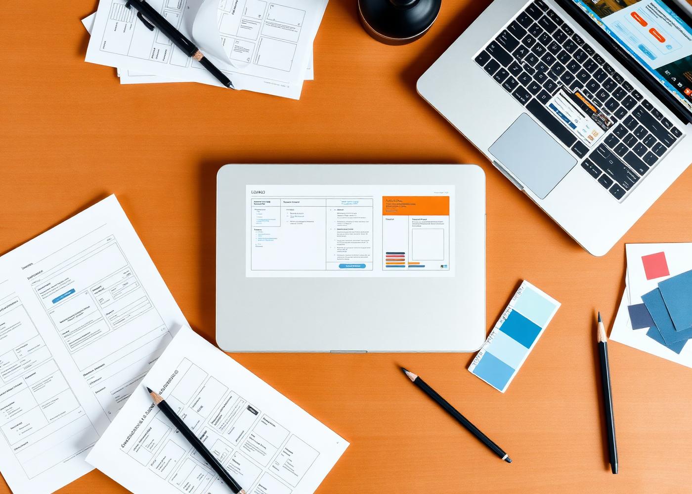 Overhead flatlay of a designer's desk with wireframes and colour swatches